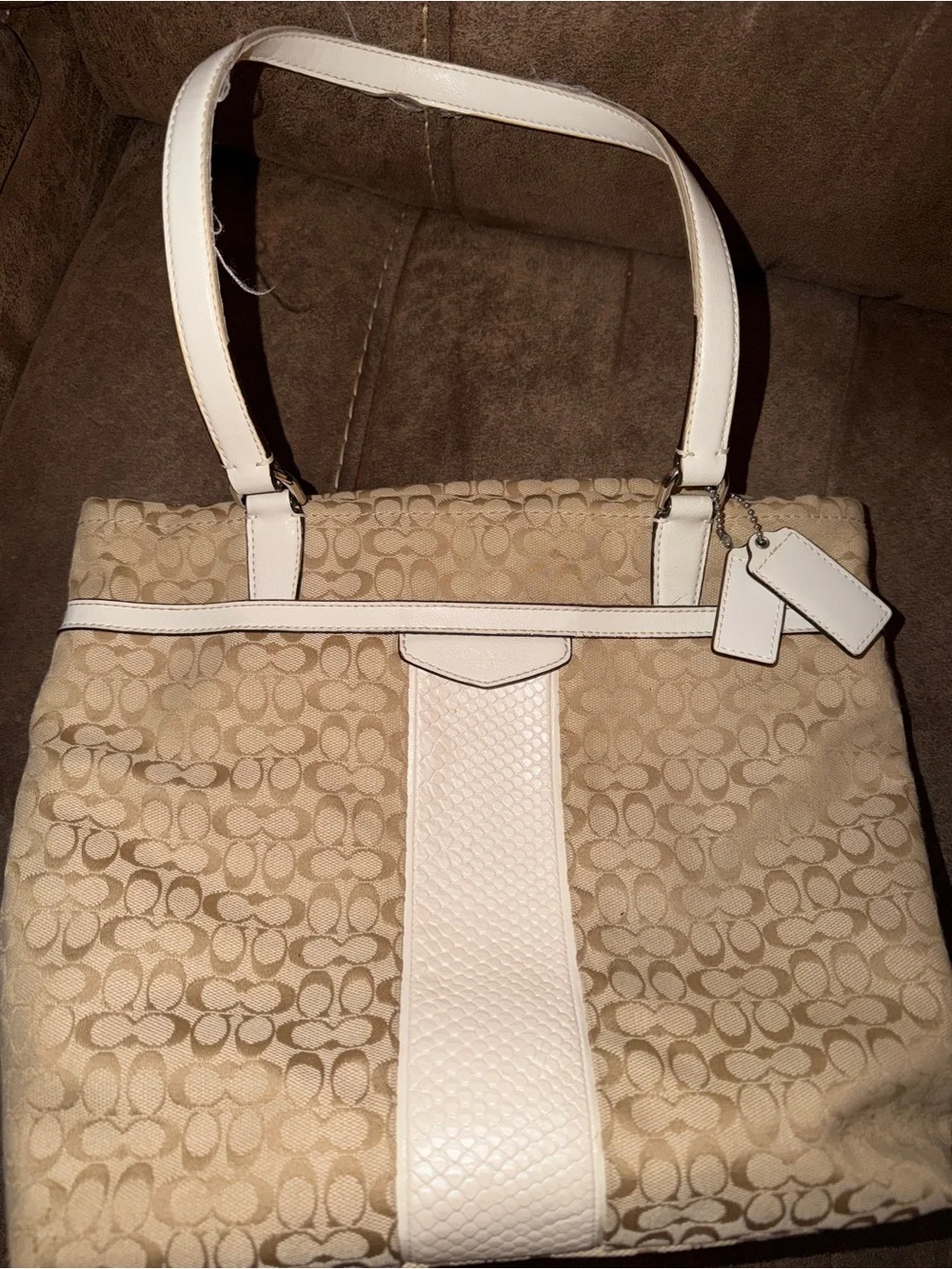 Coach Beige Signature Tote with White Leather Trim